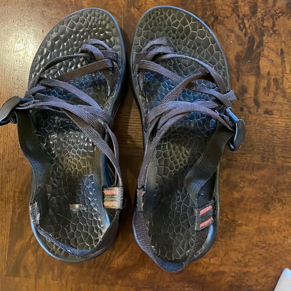 Pink and Black Chacos